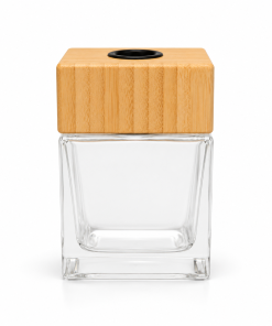 DIFUSOR CUADRADO VIDRIO TRANSPARENTE X 200 CC C/TAPA Y CUELLO DE BAMBOO
